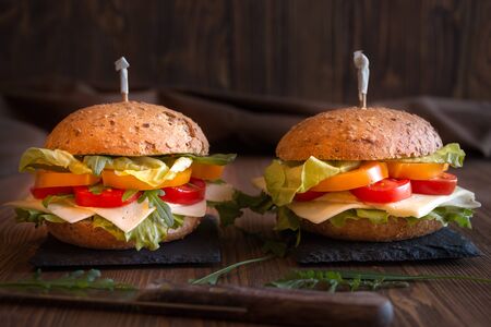 Vegetarian sandwiches with cheese, lettuce, vegetables and arugola on dark backgroundの写真素材
