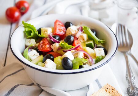 Greek salad with feta cheese and olivesの写真素材