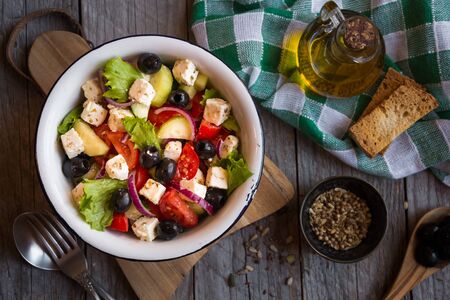 Greek salad with feta cheese and olivesの写真素材