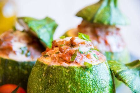 Stuffed green zucchini with meat and parsley, stuffed vegetablesの写真素材
