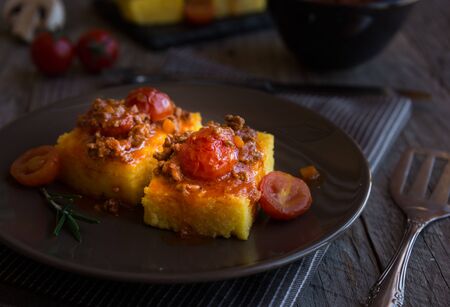 Slices of fried polenta with tomato sauceの写真素材