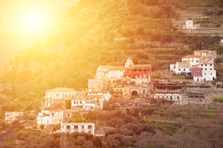 Small town in mountains seen from Ravello on Amalfi coast in Italyの写真素材