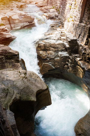 Glacier formed rocky canyon with a riverの写真素材