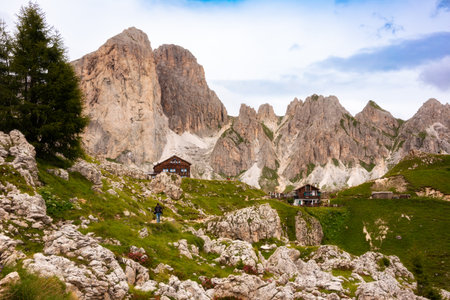 Wooden mountain refuge in Dolomite alps, Italy in summerの写真素材