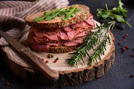 Pastrami sandwitch, sliced pastrami meat with breadの写真素材