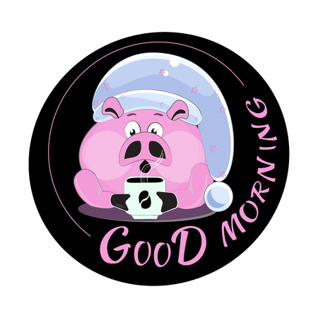 Funny pink pig - good morning. Coloring book pages, print, icon, logo, label, patch, stickerのイラスト素材