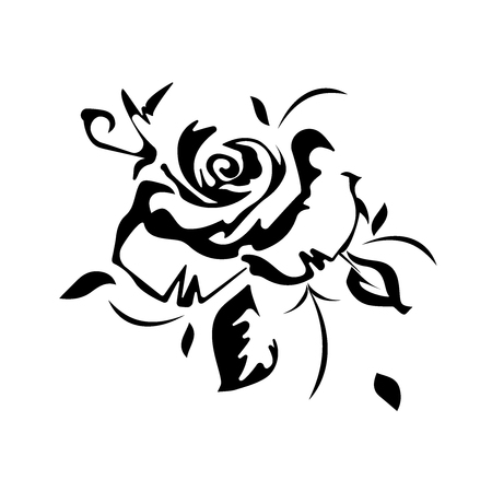 Flat black and white rose and leavesのイラスト素材