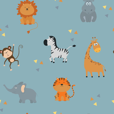 Jungle animal seamless pattern. Cute animals on blue background. Lion, zebra, monkey, hippo, tiger, giraffe, elephant. For textile, gift paper and card designのイラスト素材