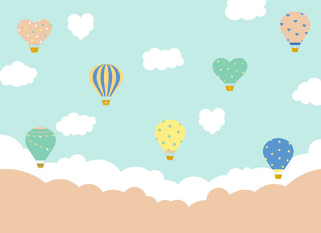 Cute colored vector air balloons in the sky. heart shaped clouds.のイラスト素材
