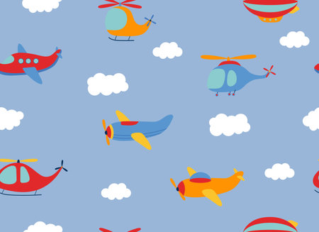 Airplanes on a blue background. Cartoon kid seamless pattern. Cute vector transport and clouds. Childish design.のイラスト素材