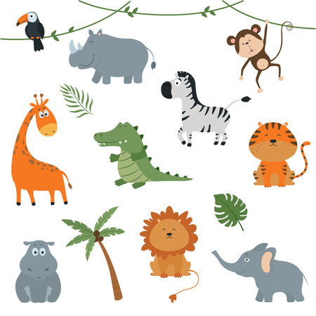 Tropical cute animals vector set. Lion, tiger, hippo, crocodile, giraffe, toucan, monkey, zebra, elephant, rhinoceros.のイラスト素材