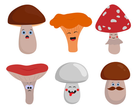 Cartoon funny mushroom illustration. Cute autumn set. Season kids collection. Chanterelle, fly agaric, russula, champignon, porcini.のイラスト素材