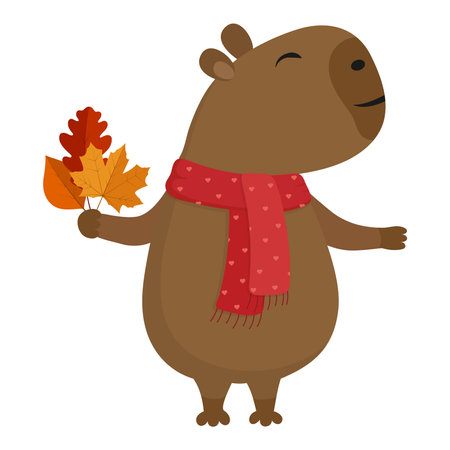 Cute vector capybara in a scarf with leaves. Autumn illustration. Cartoon funny animal. Fall season. Kids.のイラスト素材