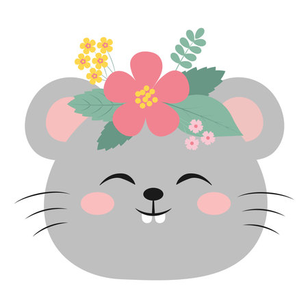 Cute funny smiling mouse face. Cartoon forest animal with flowers. Vector illustration isolated on white background.のイラスト素材