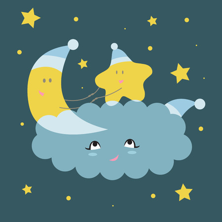 Funny vector illustration in a children's style. Friends crescent and star dancing on a cloudのイラスト素材