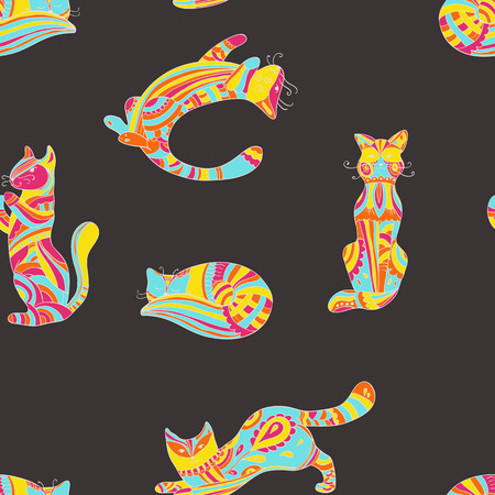 Vector seamless pattern with decorative detailed catsのイラスト素材