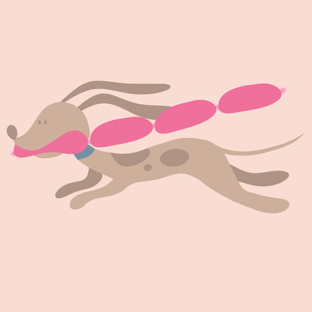 Cute vector illustration of a dog who stole sausages and runs away happyのイラスト素材