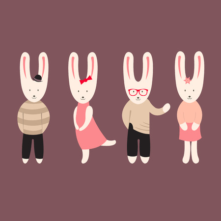 Set of cute little rabbits in fashionable clothesのイラスト素材
