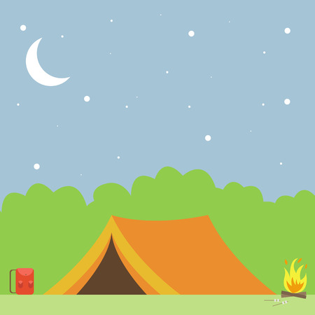 Simple vector illustration of camping: tent, bonfire, backpack and marshmallowのイラスト素材
