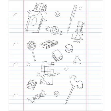 Vector set of chocolate, sweets and candies on notebook sheet backgroundのイラスト素材
