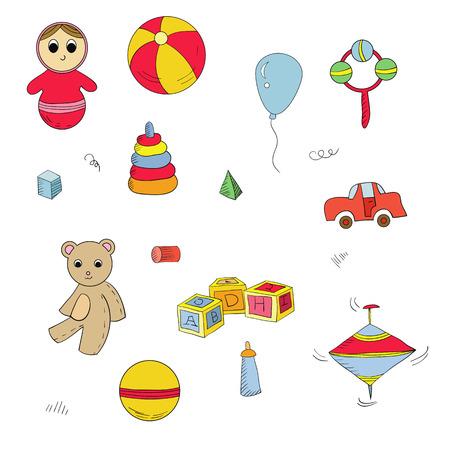 Vector set of toys for kids: bear, alphabet cubes, pyramid, whirligig, roly-poly toy.のイラスト素材