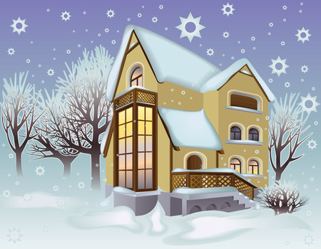 Winter landscape with a cottage and snowbound treesのイラスト素材