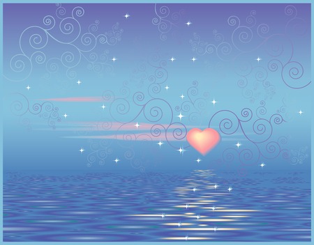 Valentine greeting card with a heart on a background sky and seaのイラスト素材