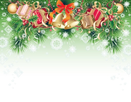 Green, gold and red background with christmas symbols - balls, bells, holly and gift boxのイラスト素材