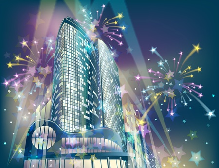 Night background with modern city buildings and holiday fireworks の写真素材