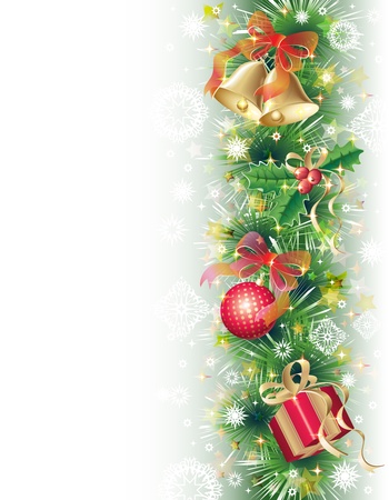 Green, gold and red background with christmas symbols (balls, bells, holly and gift box)の写真素材