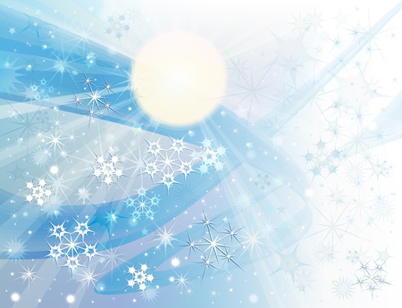 Background with blue winter sky and falling snowの写真素材