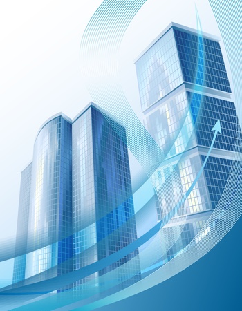 Modern business background with abstract cityscape and arrowの写真素材