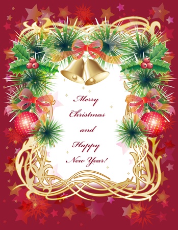 Gold and red Christmas greeting card with balls, bells, holly and green tinselの写真素材