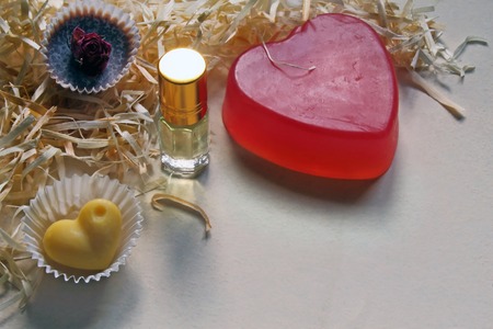 Natural handmade cosmetics and bottle of perfumeの写真素材