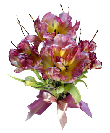 A spring bouquet of delicate pink tulips with pussy willow and ribbonsの写真素材