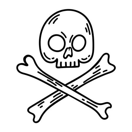 Evil skull and bones for Halloween. Scary skeleton. Doodle symbol of holiday horror drawn by line. Black outline vector element. The remains of a dead person from the grave. Day of the Spirits.のイラスト素材