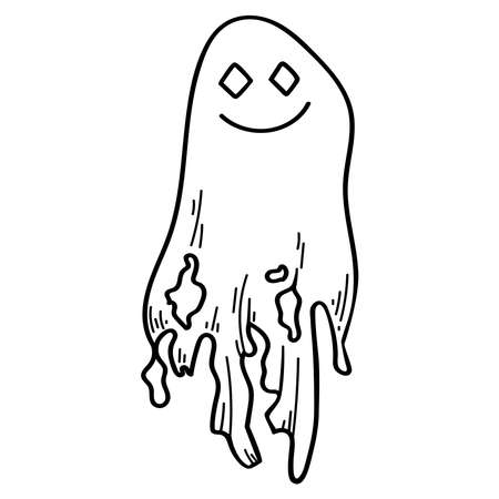 Old scary ghost costume for Halloween. Doodle symbol of holiday horror drawn by line. The happy soul of the dead. Black outline vector element. Day of the Spirits.のイラスト素材