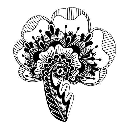 Doodle fantasy flower. Vector linear botanical illustration. Floristic sketch graphics. Coloring page. Isolated ethnic element.のイラスト素材
