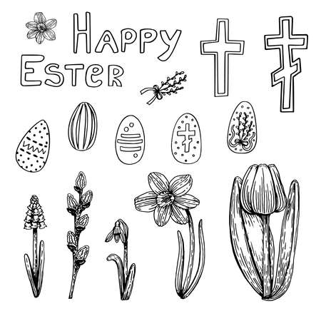 Set of doodle Easter decorations line art. Hand drawn vector illustration. Spring flowers, eggs. Simple sketch graphics. Isolated design elements.のイラスト素材