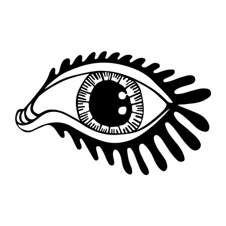 Abstract doodle eye with eyelashes. Black and white hand drawn vector illustration. Simple sketch graphics. Isolated design element.のイラスト素材