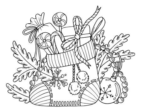 Christmas sock vector coloring page. Festive gift boxes, lollipops, spruce branches with decorations. Hand drawn line art winter illustration. Happy holiday.のイラスト素材