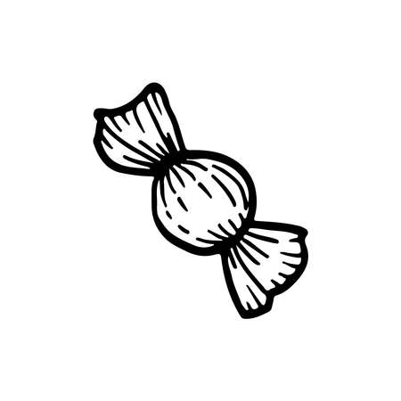 Round candy wrapped in a wrapper. Sweet chocolate dessert, caramel. Party decoration element. Hand drawn line vector illustration in doodle style.のイラスト素材