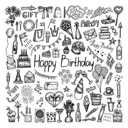 Big festive set for Birthday. Collection of fun party elements: cake, gift, fireworks, flowers, wine, balloons, music, postcard, tea, cupcake, candy, lettering. Hand drawn line vector illustration.のイラスト素材