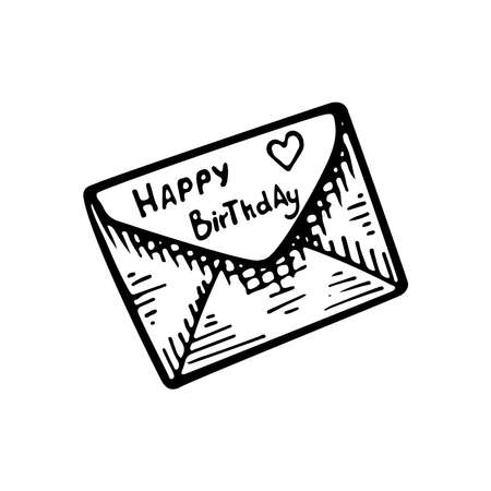 Paper envelope with a greeting card, a letter with wishes for the birthday. Hand drawn line vector illustration in doodle style.のイラスト素材