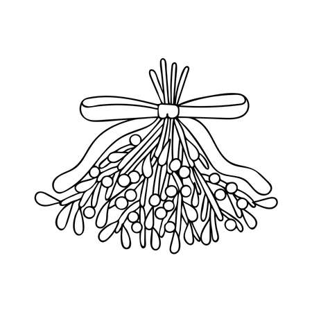 Christmas plant mistletoe. Bouquet with ribbon bow. The viscum album branch with berries is a traditional decoration. Hand drawn line art vector illustration. Happy holiday. Isolated element.のイラスト素材