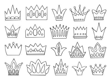 Set of doodle crowns. A sketch of the crown of the king, queen. Royal title symbol. Hand drawn thin line art vector illustration. Monarch jewelry. Isolated simple element.のイラスト素材