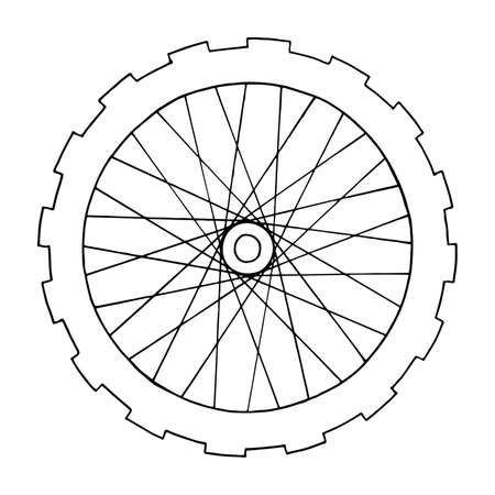 Transport cogwheel thin line art. Circuit revolving spare parts with tire and hub. Detail of a bicycle, moped, car. Hand drawn vector illustration. Black and white isolated doodle element, icon.のイラスト素材