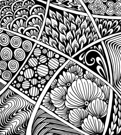 Abstract line art background. Antistress pictures with various patterns. Hand-drawn vector smart doodle illustration. Graphic black and white sketch.のイラスト素材