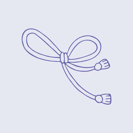 Satin ribbon bow line art. Decoration of festive gift wrapping, hairstyles, clothes. Hand drawn vector illustration. Isolated simple element on purple background.のイラスト素材
