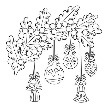 Coloring page of a branch of Christmas fir with garlands of beads and glass balls toys. Hand drawn vector line art winter illustration. Coloring book for children and adults. Black and white sketch.のイラスト素材